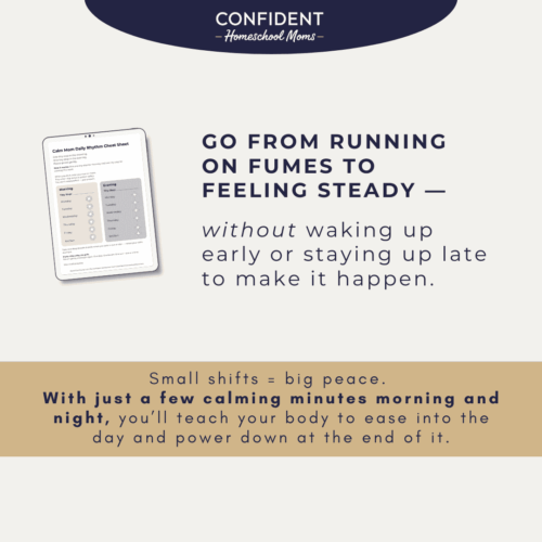 Calm mom routines 3 Calm Mom Daily Rhythm Cheat Sheet for homeschooling, helping moms create a steady routine to reduce stress and promote peaceful homeschooling environments.