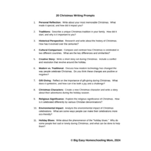 A printable Christmas writing prompts sheet featuring 20 festive essay topics for homeschool students to enhance their writing skills and understanding of holiday traditions.