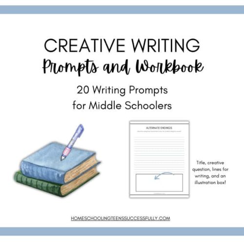 Creative writing prompts and workbook for middle schoolers, includes 20 engaging writing exercises, illustration box, and lines for creative stories, perfect for homeschooling and enhancing writing skills.