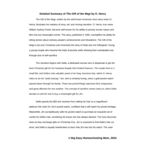 Detailed-Summary-A-Gift-of-Magi.png 1. Detailed summary of The Gift of the Magi by O. Henry, a classic Christmas story about sacrifice, love, and irony with themes of giving and humility for homeschool reading curriculum.
