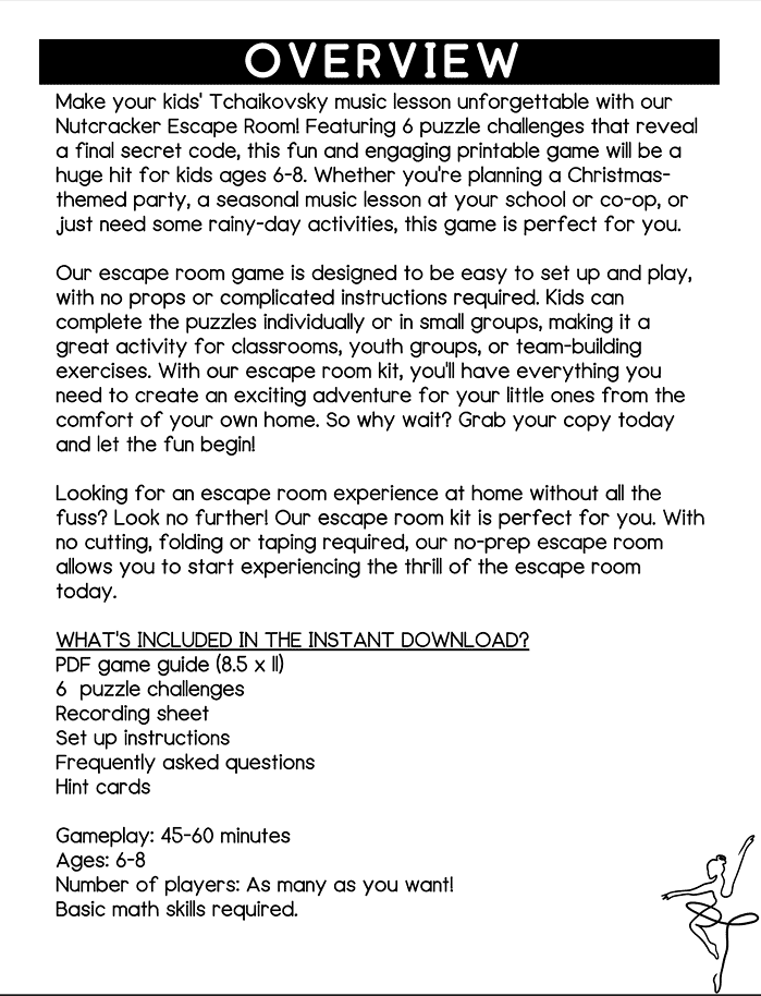 Escape from The Nutcracker- A Tchaikovsky Composer Escape Room 1 1. Homeschool music lesson game for kids ages 6-8, interactive puzzle challenges, easy setup, perfect for homeschooling, classroom, or rainy-day activities, promotes cognitive skills and fun learning.