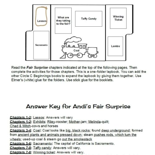 Labeled homeschool fair surprise folder with activity pages, answer key, and colorful illustrations for early learners and homeschool families.