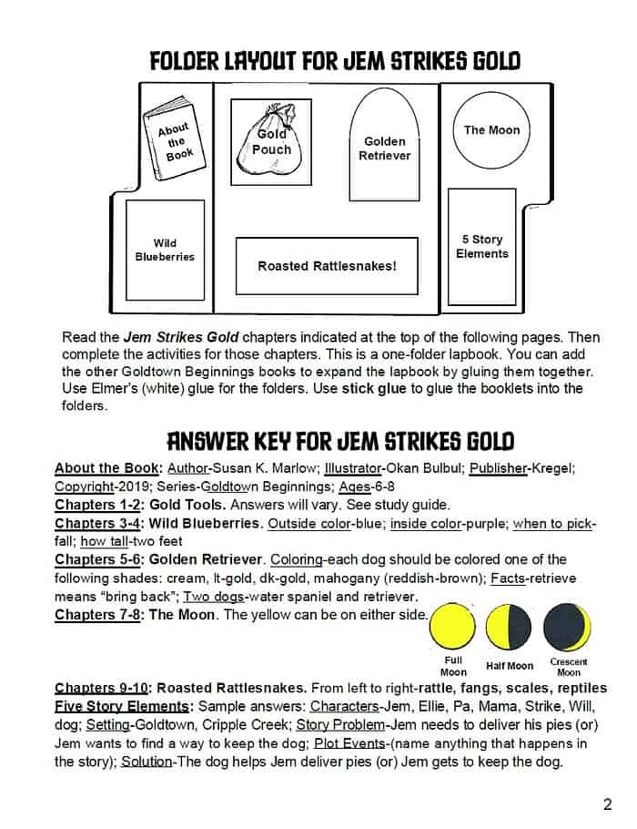 GTB1 Color-coded homeschool book activity guide for Jem Strikes Gold chapter review, with labels for homeschool resources, literacy, educational activities, and story element analysis.