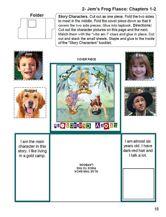 GTB4 1. Colorful educational worksheet featuring characters Jem, Ellie, Nugget the dog, and Pa from a homeschool literacy activity for kids.