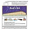 GTB5 1. Image of Noah's Ark activity worksheet with crossing and coloring tasks, rainstorm background, and boat illustrations for homeschool learning.