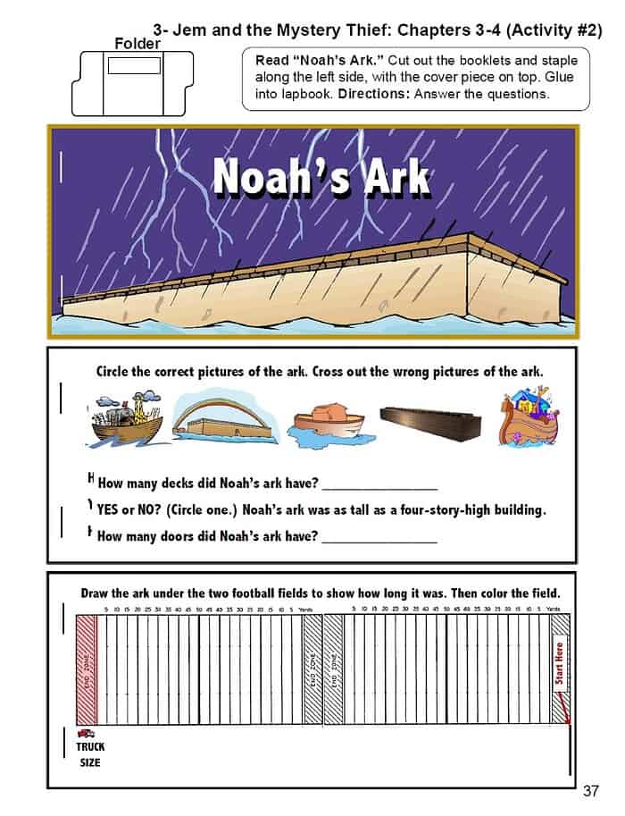 GTB5 1. Image of Noah's Ark activity worksheet with crossing and coloring tasks, rainstorm background, and boat illustrations for homeschool learning.