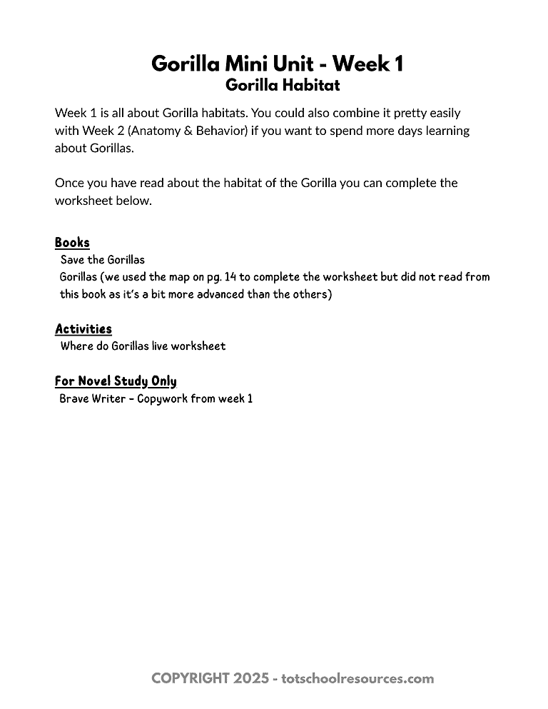 Gorilla unit sample page (1) Gorilla habitat worksheet for homeschool science, activities, and educational resources about Gorilla habitats and behavior for homeschooling students.