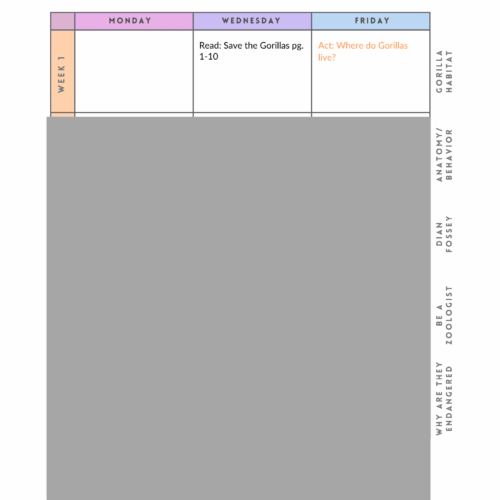 Gorilla mini unit schedule for homeschool lessons, including reading, activities, and behavior management. Perfect for homeschooling families focusing on wildlife education and animal behavior.