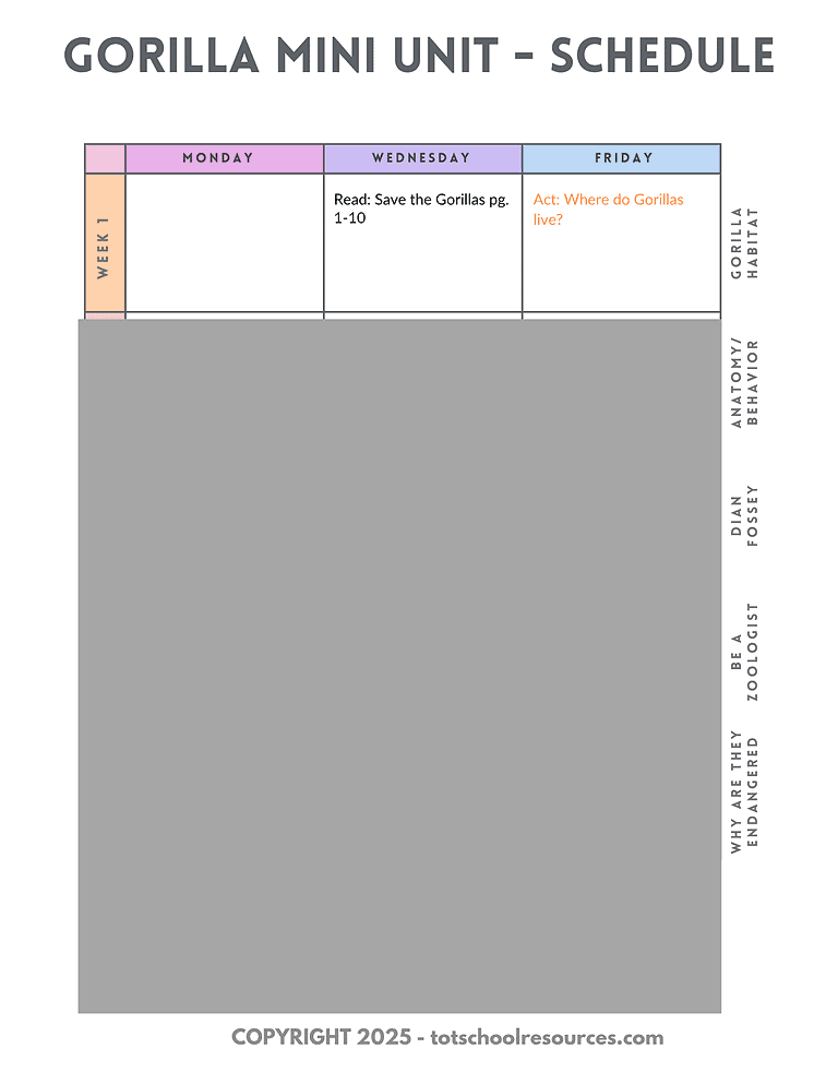 Gorilla unit schedule 2 Gorilla mini unit schedule for homeschool lessons, including reading, activities, and behavior management. Perfect for homeschooling families focusing on wildlife education and animal behavior.