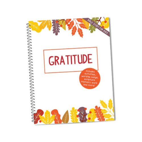 Colorful homeschool Bible study workbook for kids focusing on gratitude, including activities, worship songs, scripture memory, and more for engaging fall-themed learning.