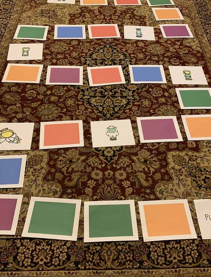 IMG_1974 Color sorting activity for homeschool preschool education with colored cards and animal clipart illustrations for early learning and development.