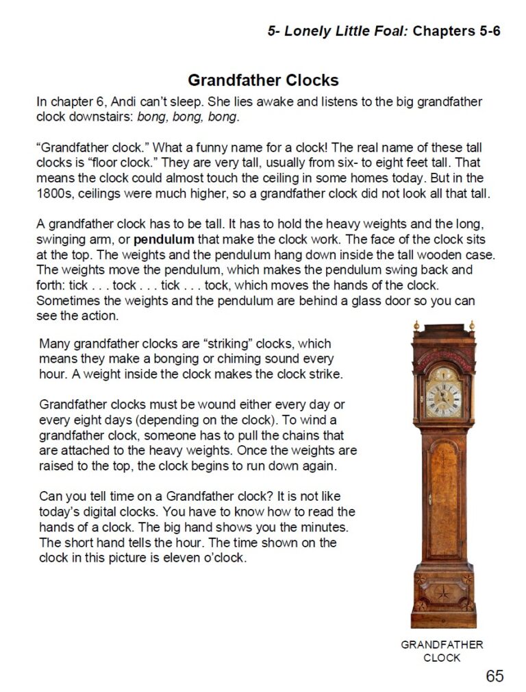 LLF Antique grandfather clock with wooden casing, clock face, and weights, perfect for homeschooling history and time-telling lessons.