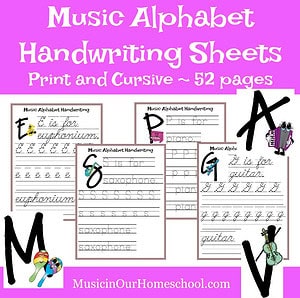 Music Alphabet Handwriting Practice Sheets print and Cursive, A to Z