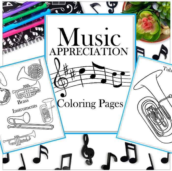 Music appreciation coloring pages for homeschool music education and early learning resources, featuring instruments and musical notes to enhance kids' understanding of music.