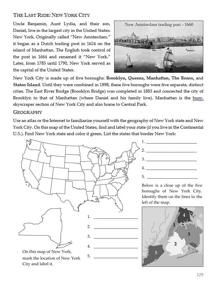 New York City history and geography educational worksheet, featuring historical trading post illustration, borough map labeling activity, and NY state location identification for homeschooling resources.