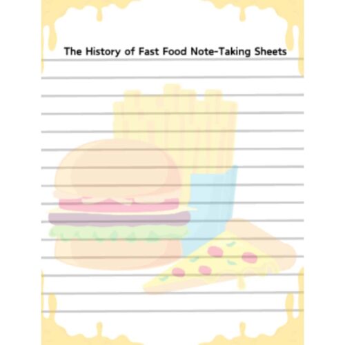 Note-Taking-Sheets-The-History-of-Fast-Food.png A hamburger, fries, and pizza illustration on fast food note-taking sheet, ideal for homeschooling nutrition lessons, healthy eating, and meal planning activities.