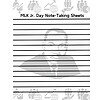 1. Alt text: MLK Jr. Day note-taking sheet with lined space for student reflections, featuring a grayscale portrait of Martin Luther King Jr. and celebratory icons, ideal for homeschool activities.