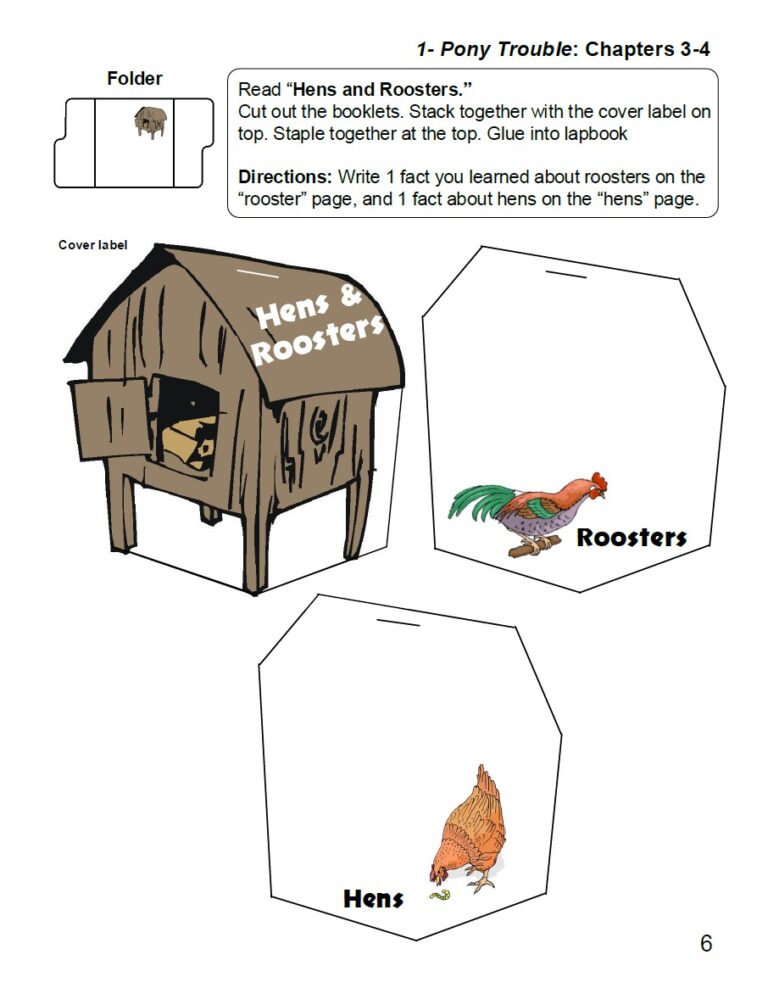PT 1 Colorful educational craft activity for homeschool children featuring a chicken coop with rooster, hens, and educational labels about farmyard poultry. Perfect for homeschool science and animal study.