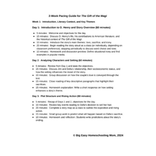 Pacing-Guide-The-Gift-of-Magi-NO-PREP-Comprehensive-Full-Unit-Study-.png A detailed pacing guide for teaching "The Gift of the Magi," including objectives and activities for each day, designed for homeschooling literary lessons.