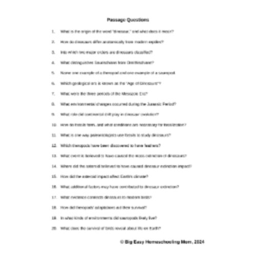 1. Homeschool resource co., educational worksheet on passage questions for homeschool learning, printable PDF for effective homeschooling activities.