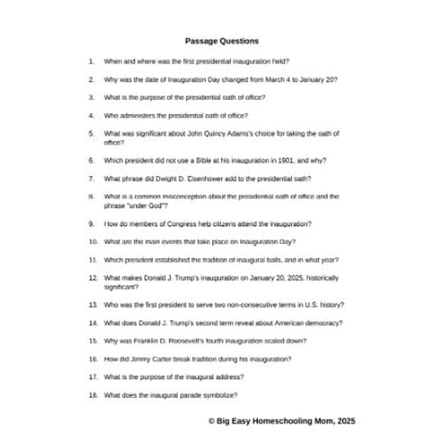 The History of Inauguration Day Reading Passage, Q & A, and Note-Taking Sheets