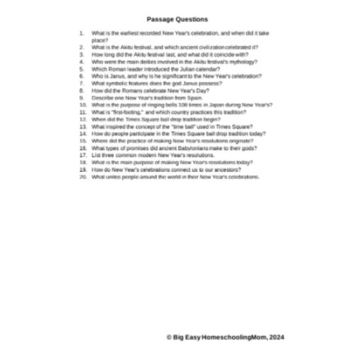Passage-Questions-The-History-of-New-Years.png 1. Aligned with homeschool resources, educational passage questions on New Year’s celebrations, ancient festivals, and history for homeschool learning and literacy development.