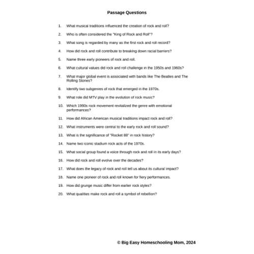 The History of Rock & Roll Reading Passage, Q & A, and Note-Taking Sheets