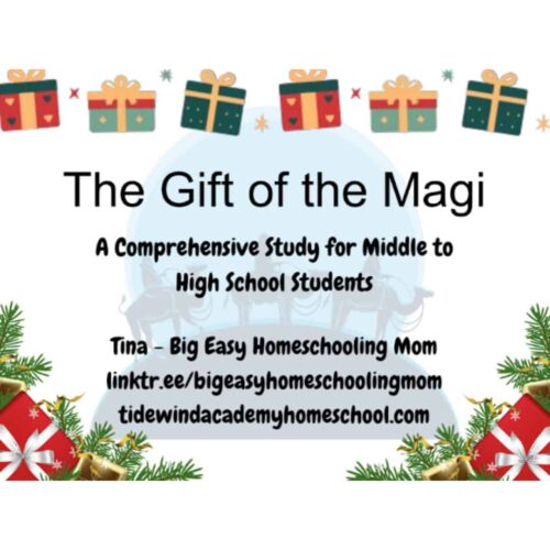 Bright holiday-themed homeschool study guide cover featuring festive gift boxes, pine branches, and a nativity scene, designed for middle to high school students interested in Christian homeschooling resources.