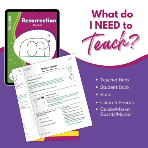 PreK Rez 3 Supplies page A colorful homeschool teaching resource featuring teacher and student books, Bible, colored pencils, and marker boards for preschool to kindergarten education.