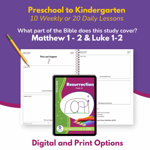 PreK Rez 4 Study Details Bible study resources for preschool to kindergarten, featuring 10 weekly or 20 daily lessons, focusing on Matthew 1-2 and Luke 1-2, suitable for homeschool religious education.