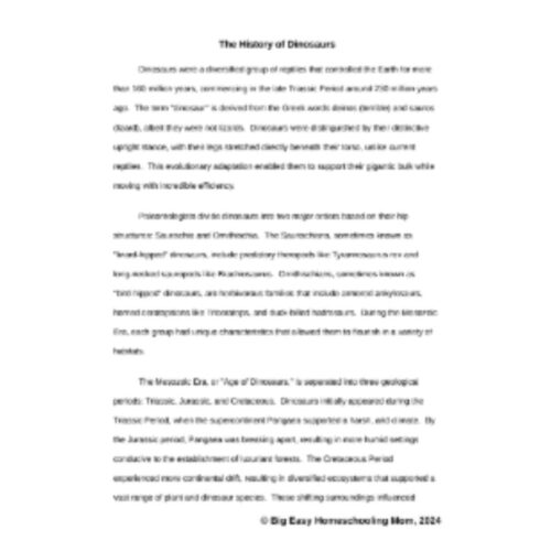 1. Dinosaur fossils, excavations, and prehistoric extinction theories, highlighting the evolution of dinosaurs during the Mesozoic Era and their significance in Earth's history.