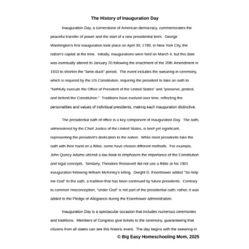 The History of Inauguration Day Reading Passage, Q & A, and Note-Taking Sheets