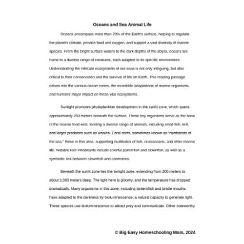 Reading-Passage-Oceans-and-Sea-Animals.png Oceans and Sea Animals Reading Passage, Q & A, and Note-Taking Sheets