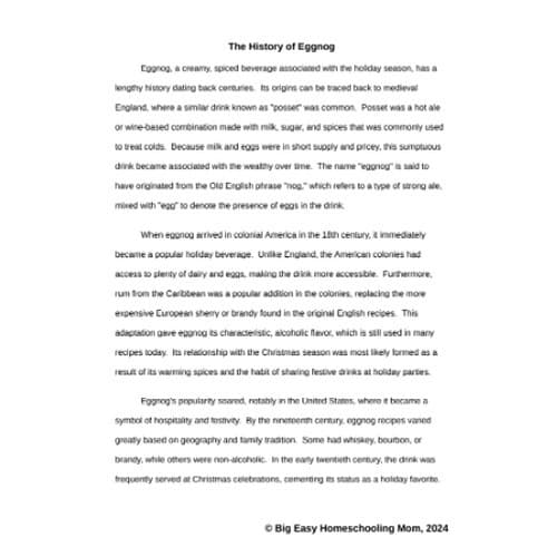 The History of Eggnog Reading Passage, Q & A, and Note-Taking Sheets