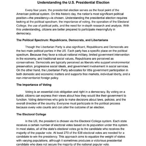 Understanding the U.S. Presidential Election:  Reading Passage, Q & A and Note-Taking Sheets