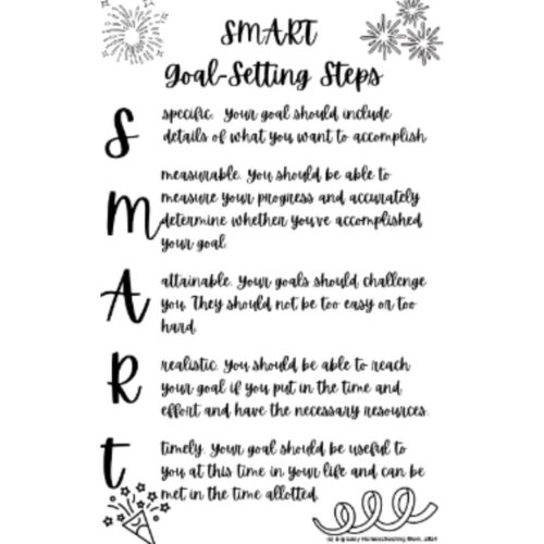 SMART-2025-New-Years-Goals-Resolutions-Coloring-and-Doodle-Book.png 1. Inspirational goal-setting tips for homeschool students to achieve success using SMART criteria, including specific, measurable, achievable, relevant, and timely goals.
