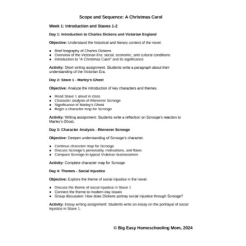 Scope-Sequence-NO-PREP-Comprehensive-Scope-Sequence-A-Christmas-Carol-by-Charles-Dickens.png Charity and education resources flow for homeschooling curriculum planning, featuring lesson plans, character analysis, and social justice themes, aligned with homeschool teaching strategies and educational standards.