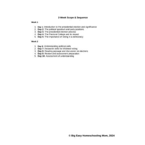 Scope-Sequence-NO-PREP-Teaching-Resources-Understanding-the-U.S.-Election.png Analysis of a 2-week homeschool curriculum focused on US government and elections, emphasizing topics like presidential elections, political polls, research skills, and voter education. Perfect for homeschool social studies resources.