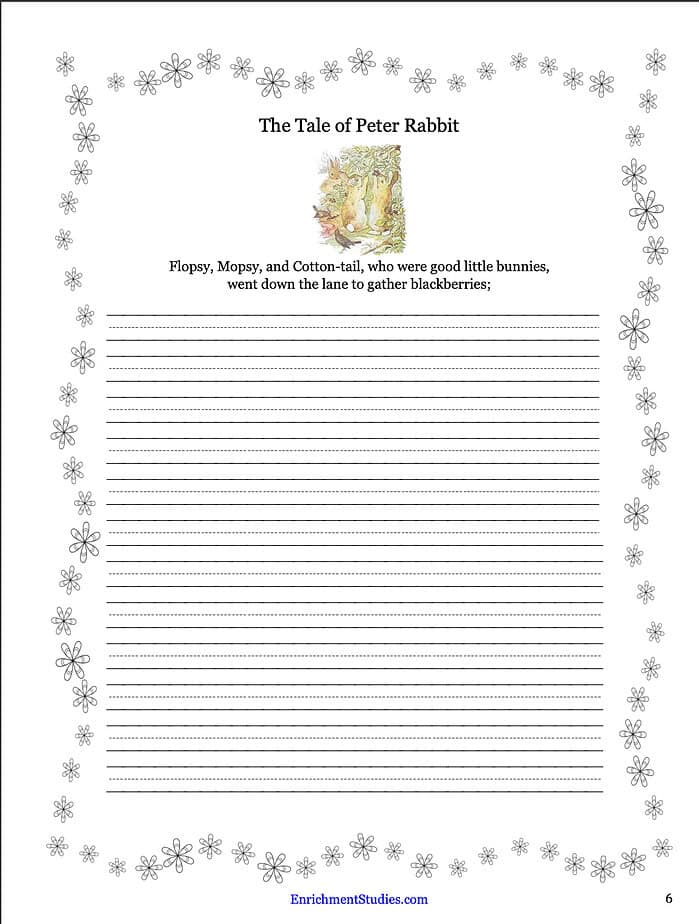 Screenshot 2025-11-23 at 7.38.11 AM Pink floral border with a vintage children's story printable, "The Tale of Peter Rabbit" for homeschooling, with space for writing and engaging activities for kids. Perfect for homeschool resources and educational printables.