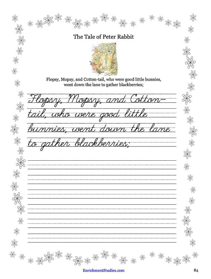 Screenshot 2025-11-23 at 7.38.16 AM Flopsy Mopsy and Cotton-tail nursery rhyme handwriting practice sheet emphasizing early childhood literacy and homeschool curriculum resources.