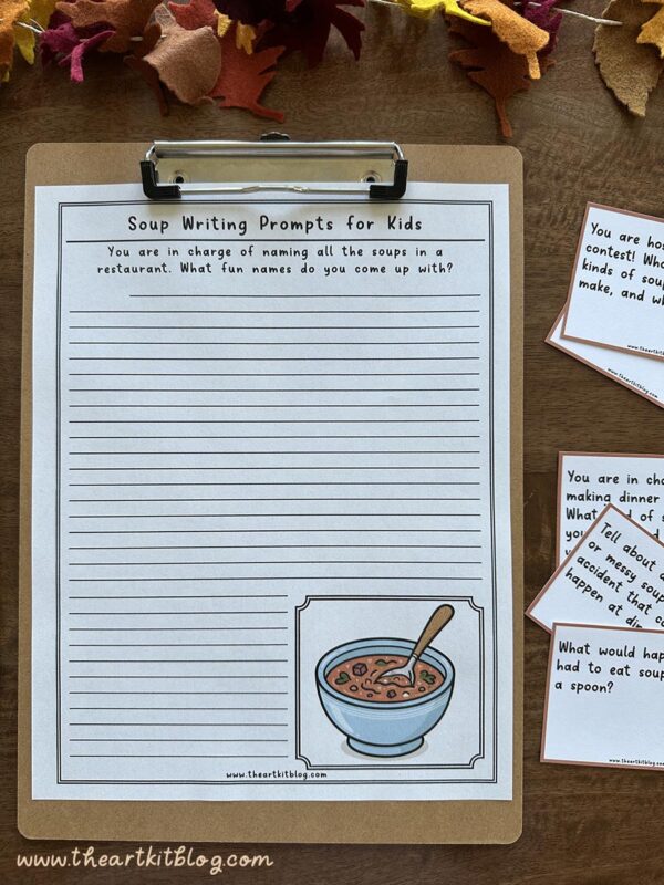 Soup-Writing-Prompts-The-Art-Kit-1 Soup writing prompts for kids, preschool, elementary, homeschool activity. Printable homeschool resource to encourage creative writing and imagination with soup-themed prompts for children.