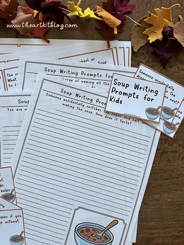 Soup-Writing-Prompts-The-Art-Kit-3 Homeschool resource, kids, writing prompts, educational activity, fall-themed homeschool supplies, soup-themed writing exercise, homeschooling printables, teaching resources, activity for children, seasonal homeschool curriculum.