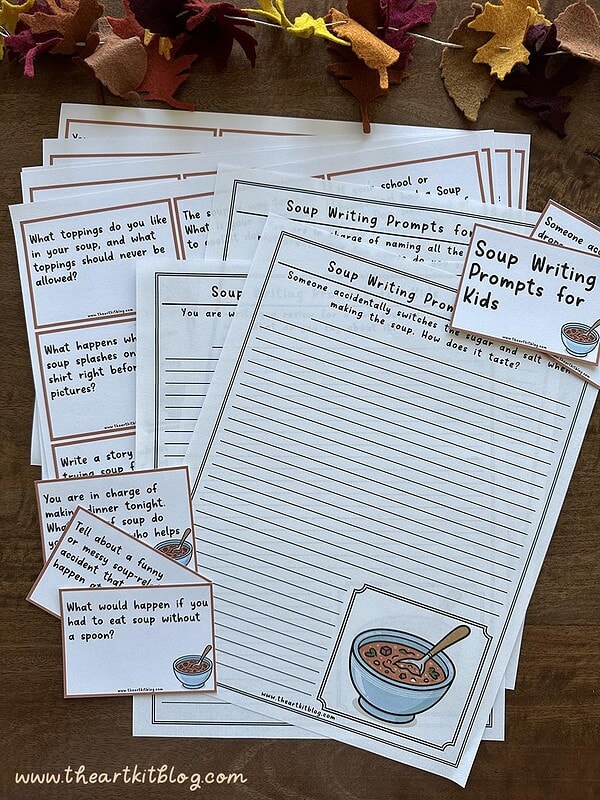 Soup-Writing-Prompts-The-Art-Kit-4 Soup writing prompts for kids to inspire fun and creative storytelling about soup-related scenarios and imaginary situations. Perfect for homeschool language arts and writing practice.