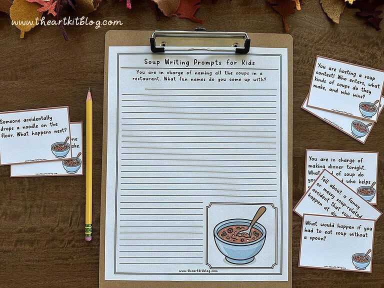 Soup-Writing-Prompts-The-Art-Kit-7 Soup writing prompts for kids - fun homeschool activity to encourage creative writing and critical thinking about soups and kitchen scenarios. Perfect for homeschooling resources and educational fun.