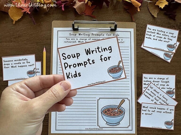 Soup-Writing-Prompts-The-Art-Kit-8 Homeschool resource for kids' soup writing prompts, fun educational activity, homeschool supplies, kids' writing practice, homeschool lesson plan, creative writing exercises for children.
