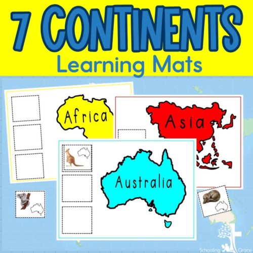 Colorful map of continents with learning mats for Africa, Asia, and Australia, featuring animal pictures for engaging geography and homeschooling education activities.