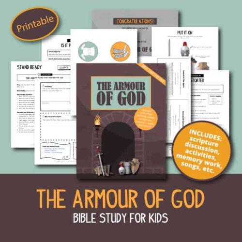 The Armour Of God Bible Study For Kids, focusing on scripture discussion, memory work, songs, and more, with engaging printable worksheets and kid-friendly design for homeschool learning.