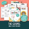 The-Gospel-Bible-Study-For-Kids-Sq-Graphic---Wildly-Anchored Gospel Bible study bundle for kids, includes scripture discussion, activities, memory work, songs, and more, designed for homeschool education focusing on faith and biblical teachings.