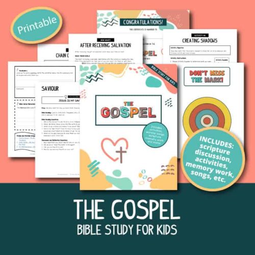 Gospel Bible study bundle for kids, includes scripture discussion, activities, memory work, songs, and more, designed for homeschool education focusing on faith and biblical teachings.