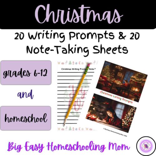 1. Christmas homeschooling writing prompts and note-taking sheets for grades 6-12, perfect for holiday classroom activities.